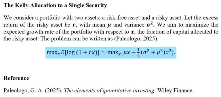Kelly allocation chart showing optimal portfolio growth with high volatility versus expected return