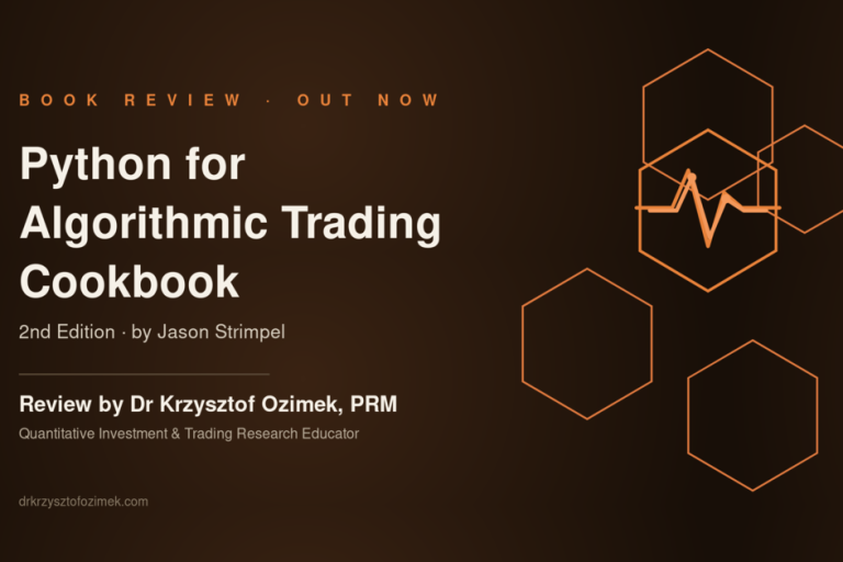 Dark banner graphic with orange hexagon and pulse-line motif, reading "Book Review · Out Now — Python for Algorithmic Trading Cookbook, 2nd Edition by Jason Strimpel," reviewed by Dr Krzysztof Ozimek, PRM, Quantitative Investment & Trading Research Educator.