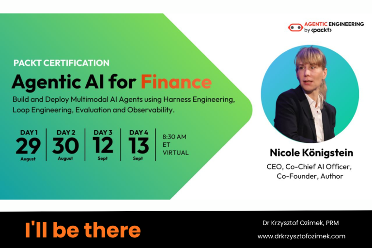 Packt Agentic Engineering certification banner for Agentic AI for Finance, featuring Nicole Königstein and the four bootcamp session dates, August 29-30 and September 12-13