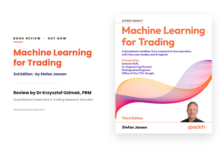 Light banner graphic with a colorful orange-purple-pink wave motif and a book cover mockup, reading "Book Review — Machine Learning for Trading by Stefan Jansen, Third Edition, Packt," reviewed by Dr Krzysztof Ozimek, PRM, Quantitative Finance Educator & Researcher.