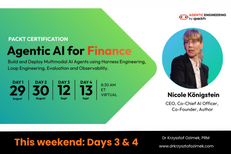 Promotional graphic for Packt's Agentic AI for Finance certification bootcamp with Nicole Königstein, listing all four session dates, Day 1 August 29, Day 2 August 30, Day 3 September 12, Day 4 September 13, with Days 3 and 4 highlighted as this weekend