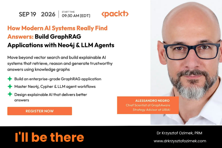 Packt Publishing event graphic for the September 19, 2026 workshop "How Modern AI Systems Really Find Answers: Build GraphRAG Applications with Neo4j and LLM Agents," featuring speaker Alessandro Negro, Chief Scientist at GraphAware and Strategy Advisor at UBIAI, alongside the text "I'll be there."