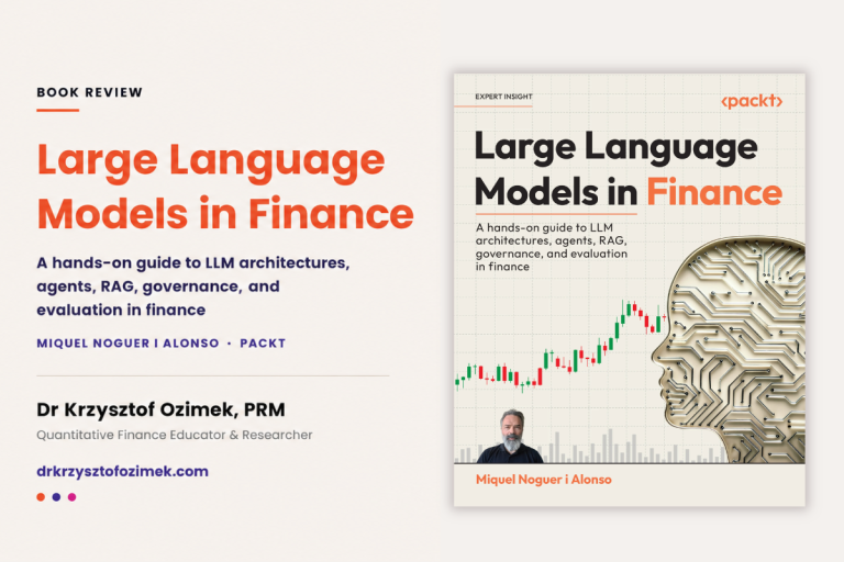 Book review banner for Large Language Models in Finance by Miquel Noguer i Alonso, Packt, with the book cover showing a circuit-board head beside a candlestick chart