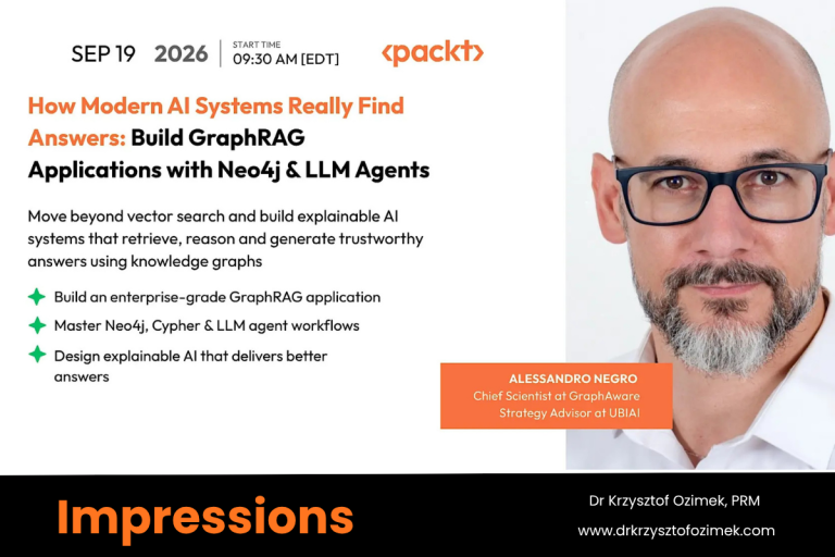 Promotional banner for the Packt workshop on building GraphRAG applications with Neo4j and LLM agents on September 19, 2026, showing speaker Alessandro Negro, Chief Scientist at GraphAware, with the word Impressions and the name Dr Krzysztof Ozimek, PRM