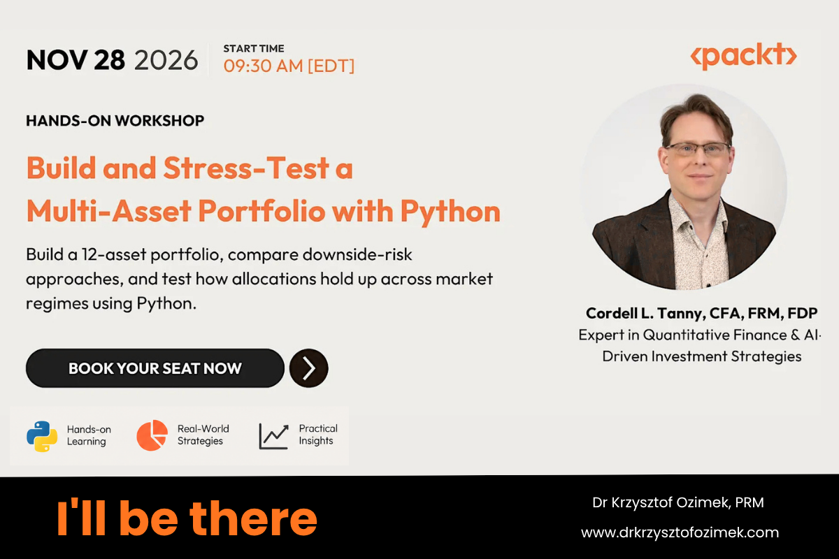 Packt banner for the hands-on workshop Build and Stress-Test a Multi-Asset Portfolio with Python with Cordell L. Tanny, November 28, 2026, 09:30 AM EDT, signed by Dr Krzysztof Ozimek with the text I'll be there