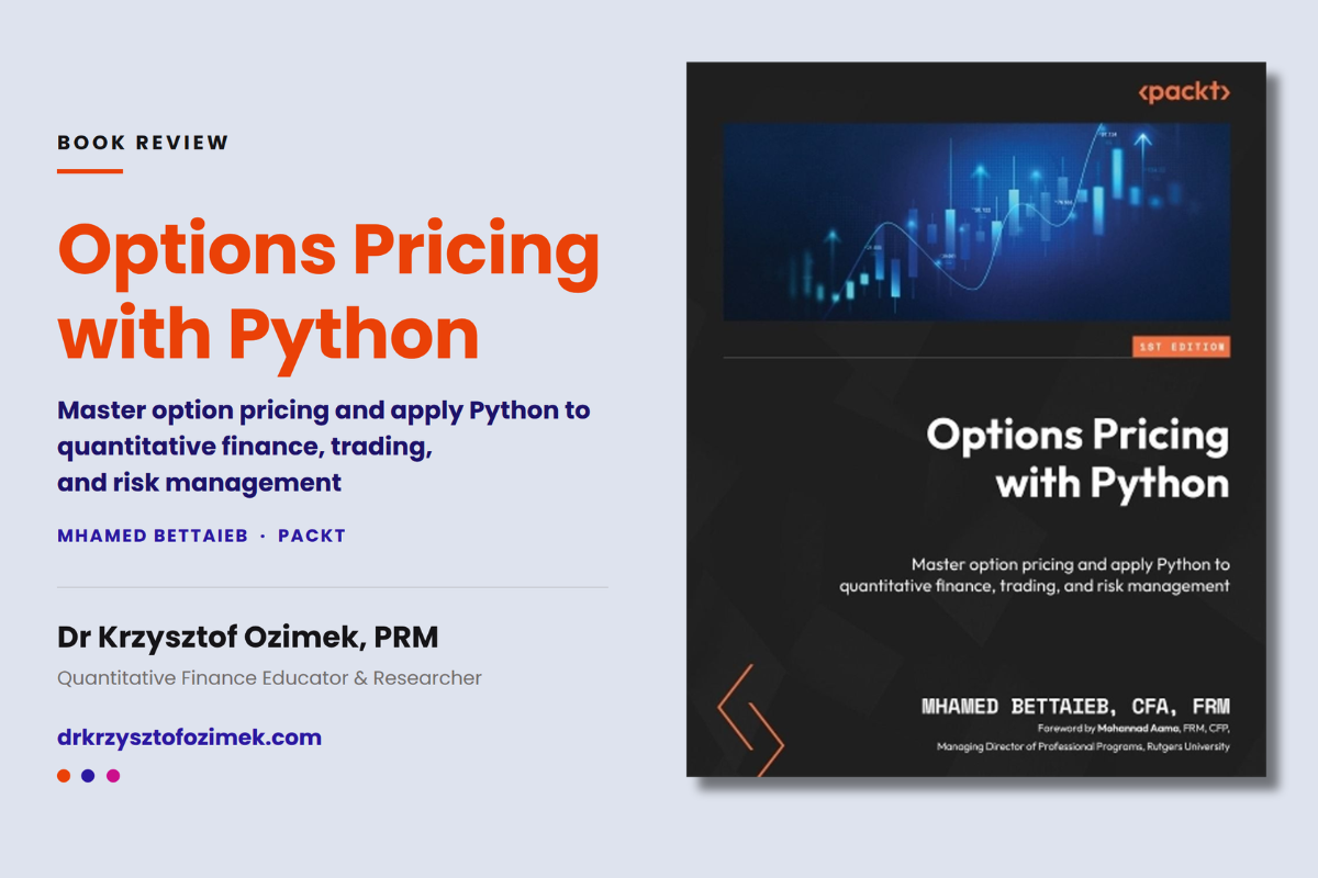 Book review graphic for Options Pricing with Python, 1st Edition, by Mhamed Bettaieb (Packt), showing the book cover beside the reviewer name and website